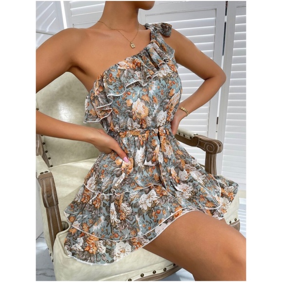 Boho Swiss dot One Shoulder Ruffle Mini Dress - Picture 11 of 13